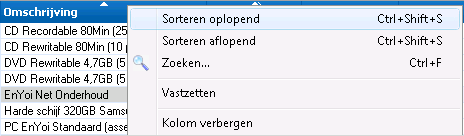 Dat_Regels sorteren in het boekingsvenster - Menu