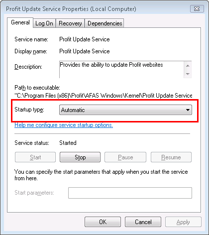 Out_Profit Update Service informatie automatisch starten